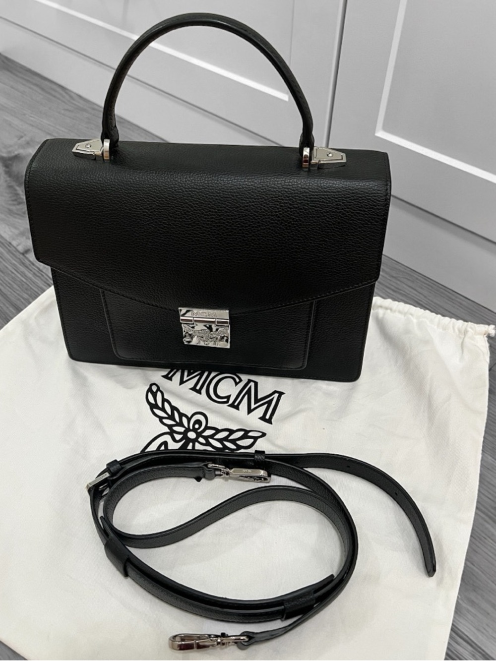 MCM Patricia Pocket Satchel in Black Grained Leather